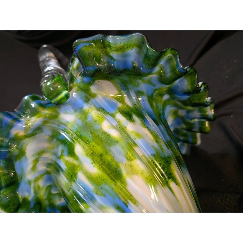 Fenton Murrhina Blue Green Aventurine Glass Handle Ruffle Basket 11